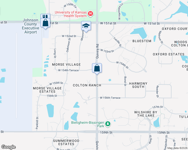 map of restaurants, bars, coffee shops, grocery stores, and more near 11910 West 155th Terrace in Overland Park