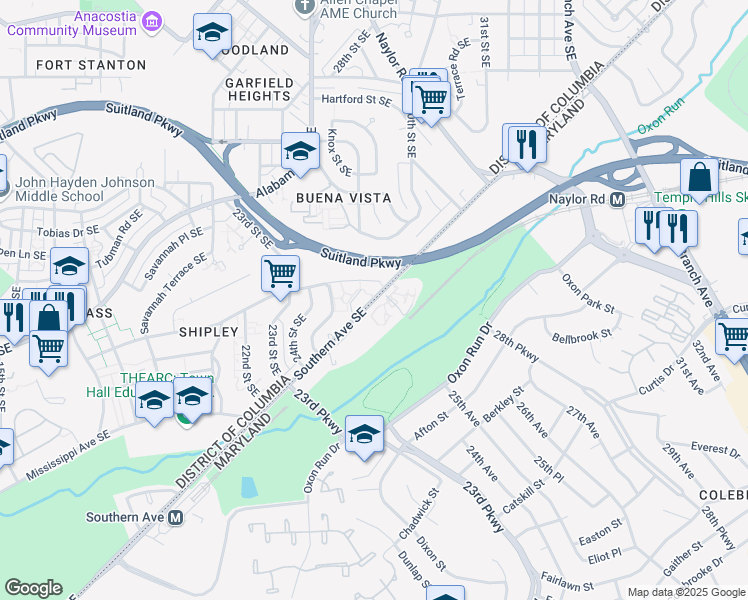map of restaurants, bars, coffee shops, grocery stores, and more near 2532 Southern Ave SE in Washington