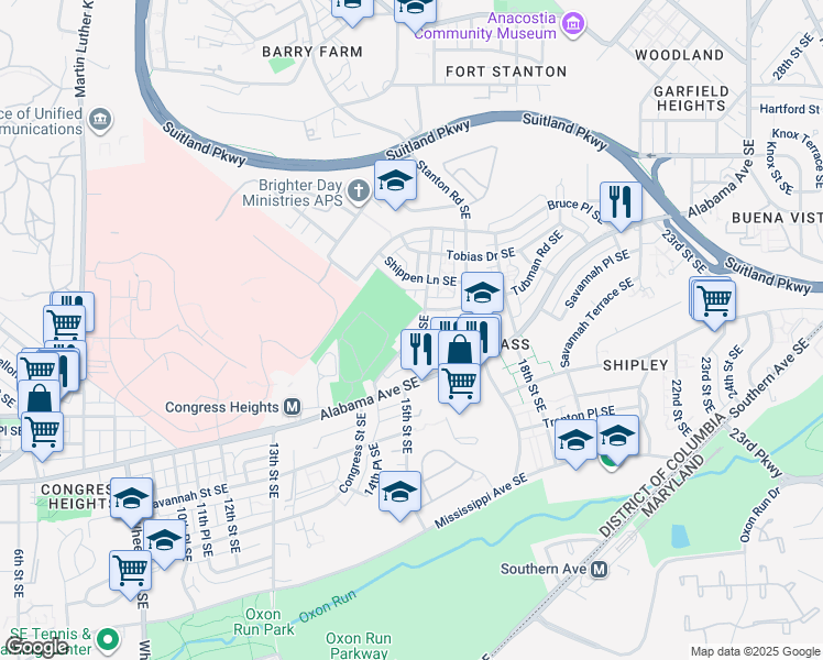 map of restaurants, bars, coffee shops, grocery stores, and more near 1472 Congress Place Southeast in Washington