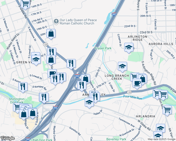 map of restaurants, bars, coffee shops, grocery stores, and more near 2465 Army Navy Drive in Arlington