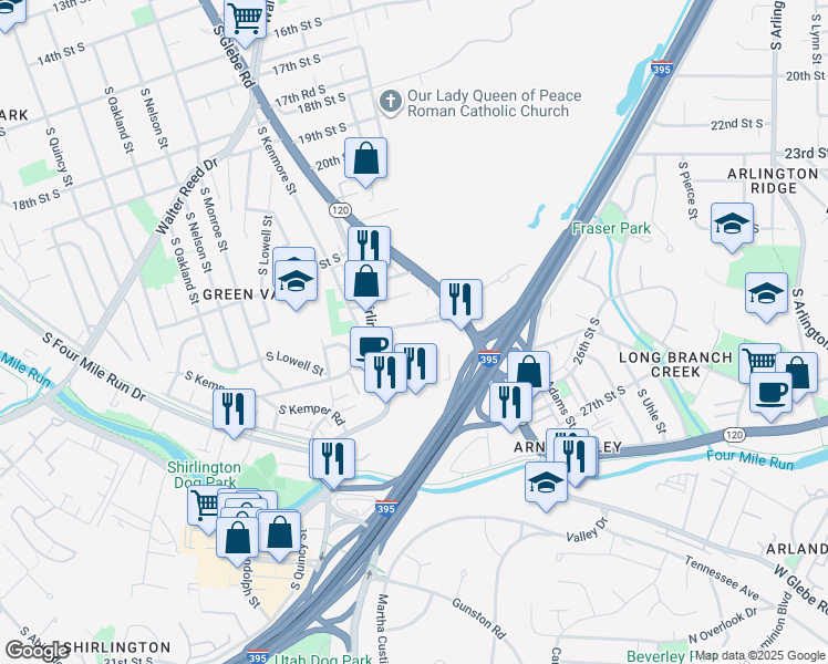 map of restaurants, bars, coffee shops, grocery stores, and more near 2704 24th Road South in Arlington