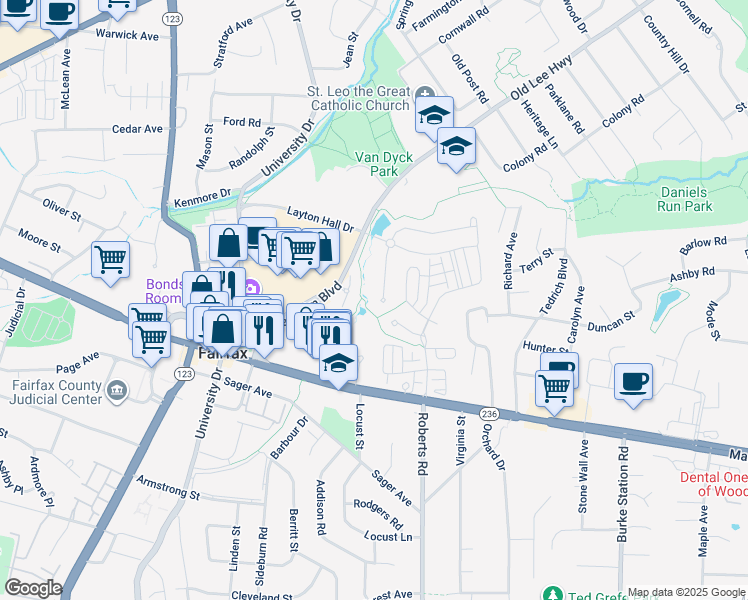 map of restaurants, bars, coffee shops, grocery stores, and more near 3819 Daniels Run Court in Fairfax