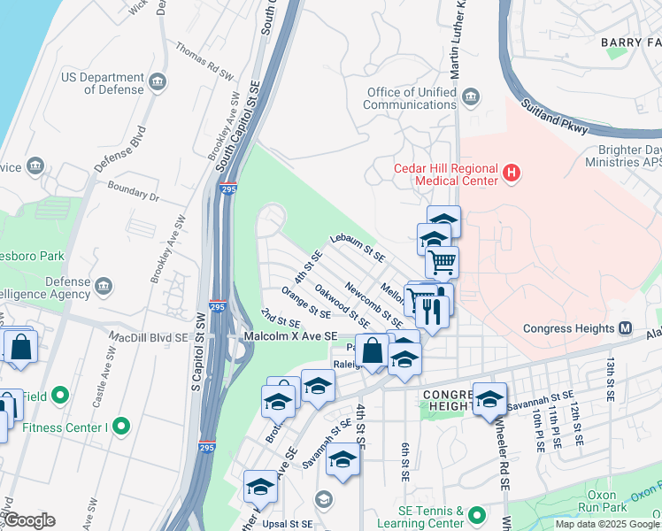 map of restaurants, bars, coffee shops, grocery stores, and more near 416 Newcomb Street Southeast in Washington