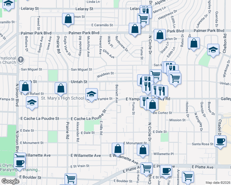 map of restaurants, bars, coffee shops, grocery stores, and more near 2575 East Uintah Street in Colorado Springs