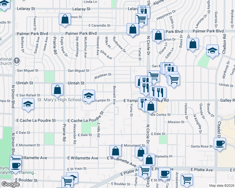 map of restaurants, bars, coffee shops, grocery stores, and more near 2617 East Uintah Street in Colorado Springs