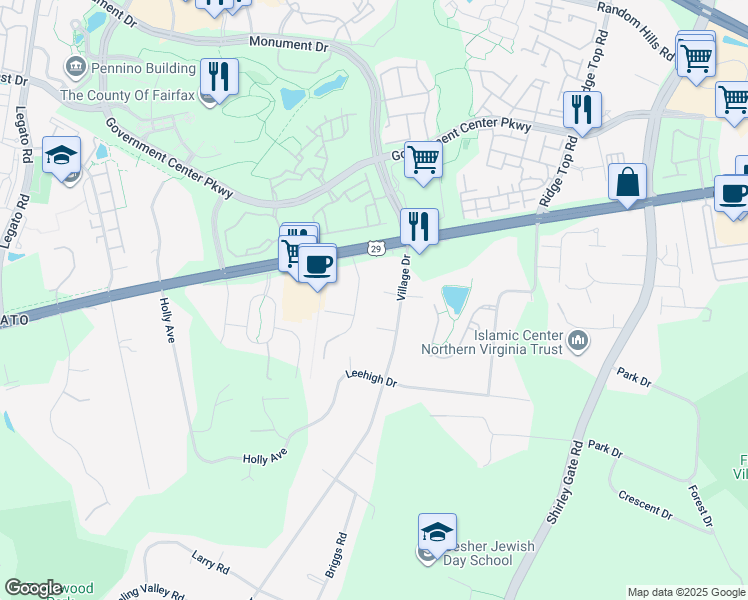 map of restaurants, bars, coffee shops, grocery stores, and more near 11629 Kenwood Terrace in Fairfax