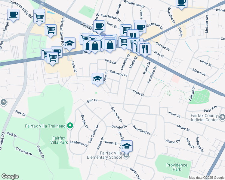 map of restaurants, bars, coffee shops, grocery stores, and more near 4111 Sherwood Street in Fairfax