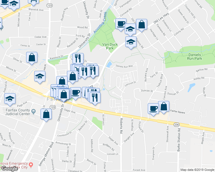 map of restaurants, bars, coffee shops, grocery stores, and more near 3819 Daniels Run Court in Fairfax