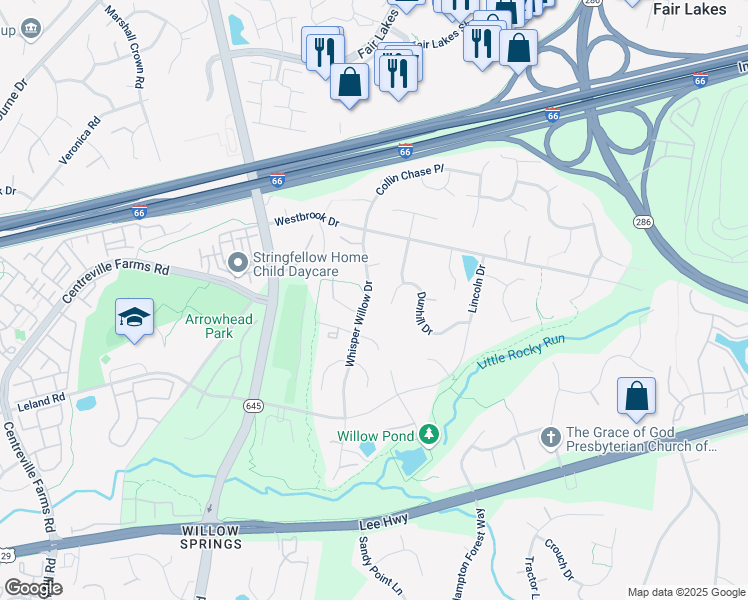 map of restaurants, bars, coffee shops, grocery stores, and more near 5025 Whisper Willow Drive in Fairfax