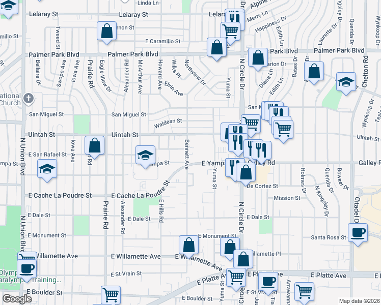 map of restaurants, bars, coffee shops, grocery stores, and more near 2617 East Uintah Street in Colorado Springs