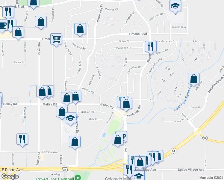 map of restaurants, bars, coffee shops, grocery stores, and more near 1214 Cree Drive in Colorado Springs