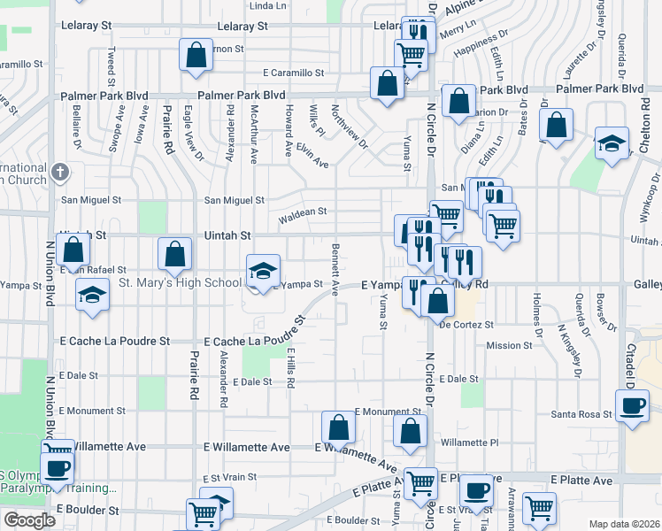 map of restaurants, bars, coffee shops, grocery stores, and more near 2575 East Uintah Street in Colorado Springs