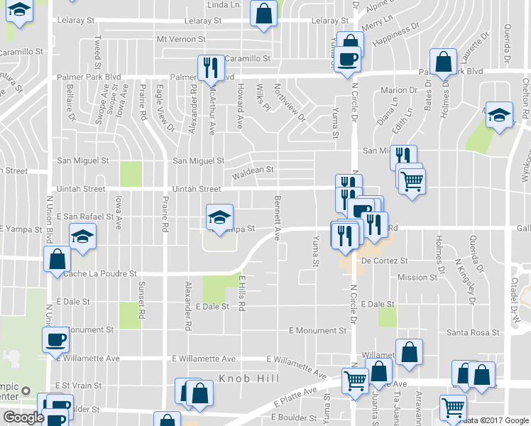 map of restaurants, bars, coffee shops, grocery stores, and more near 2575 East Uintah Street in Colorado Springs