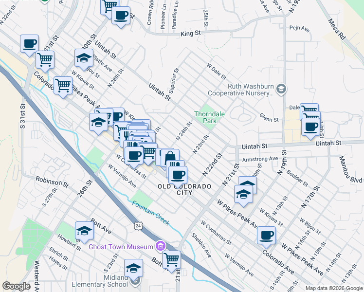 map of restaurants, bars, coffee shops, grocery stores, and more near 203 24th Street in Colorado Springs