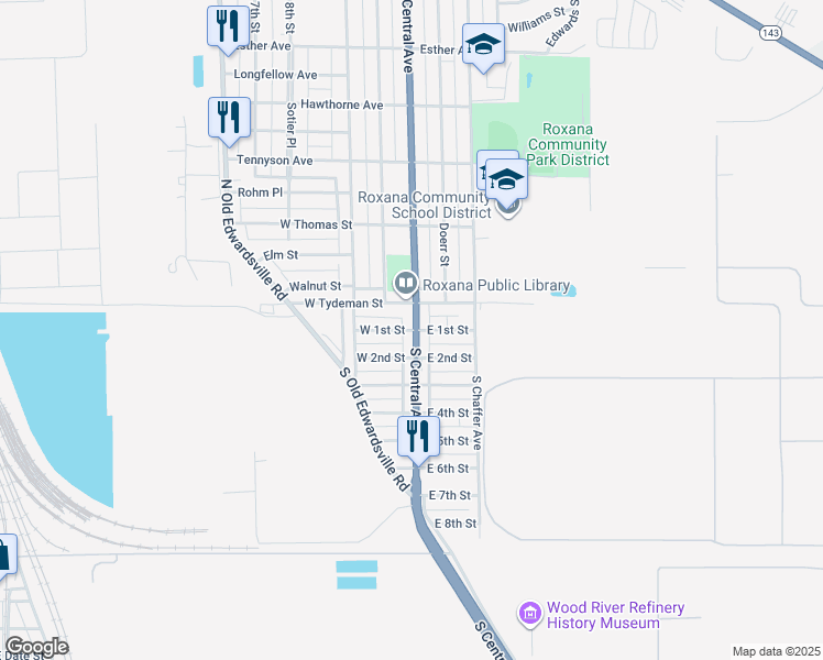map of restaurants, bars, coffee shops, grocery stores, and more near 111 West Tydeman Street in Roxana
