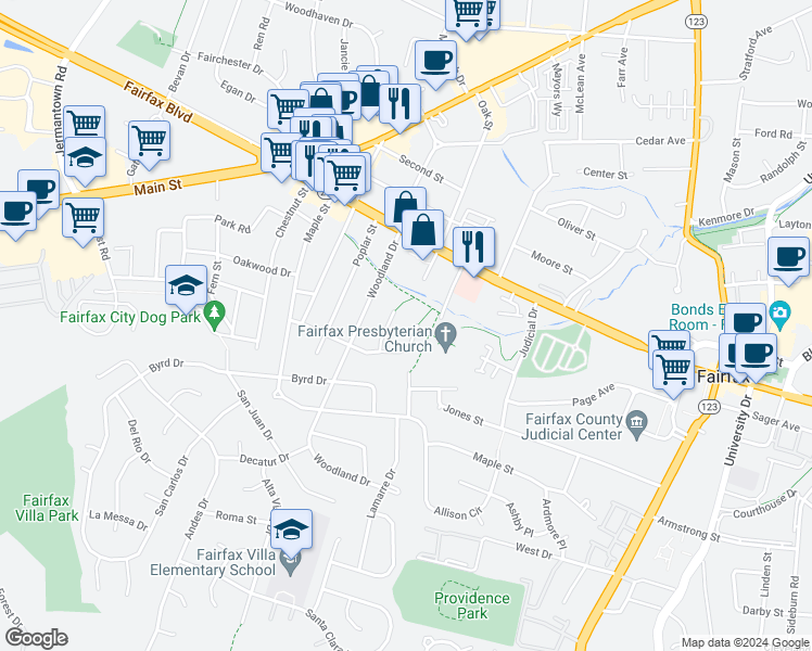 map of restaurants, bars, coffee shops, grocery stores, and more near 10774 Crest Street in Fairfax