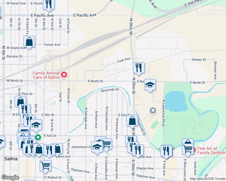 map of restaurants, bars, coffee shops, grocery stores, and more near 908-920 East North Street in Salina