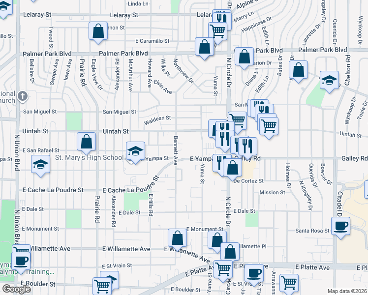 map of restaurants, bars, coffee shops, grocery stores, and more near 2617 East Uintah Street in Colorado Springs