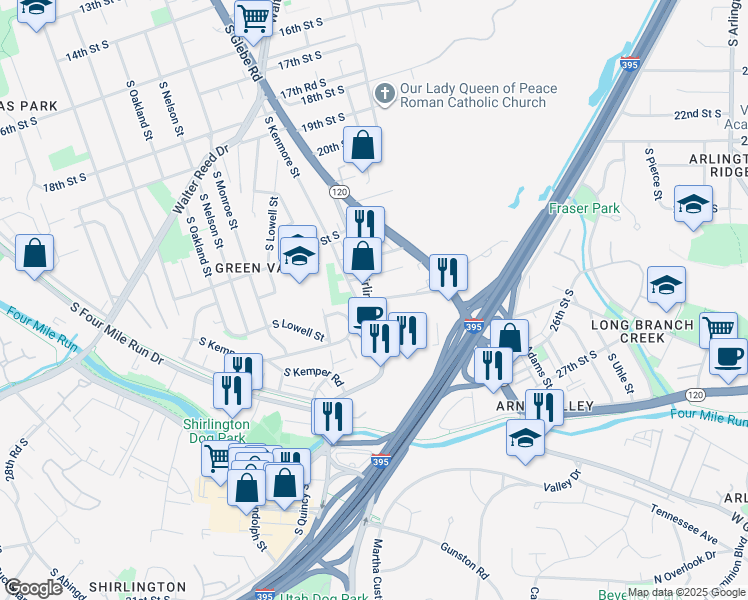 map of restaurants, bars, coffee shops, grocery stores, and more near 24th Road South in Arlington