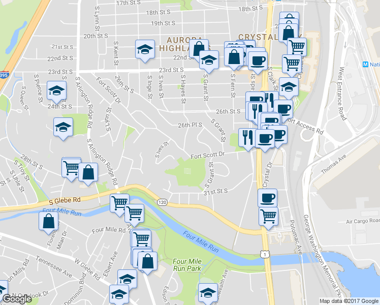 map of restaurants, bars, coffee shops, grocery stores, and more near 2791 South Fort Scott Drive in Arlington