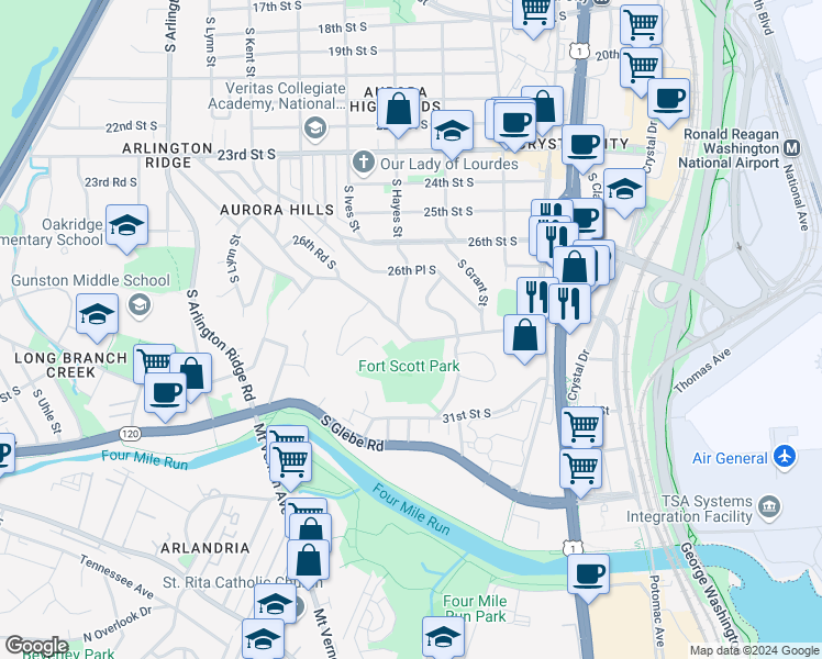 map of restaurants, bars, coffee shops, grocery stores, and more near 2791 South Fort Scott Drive in Arlington