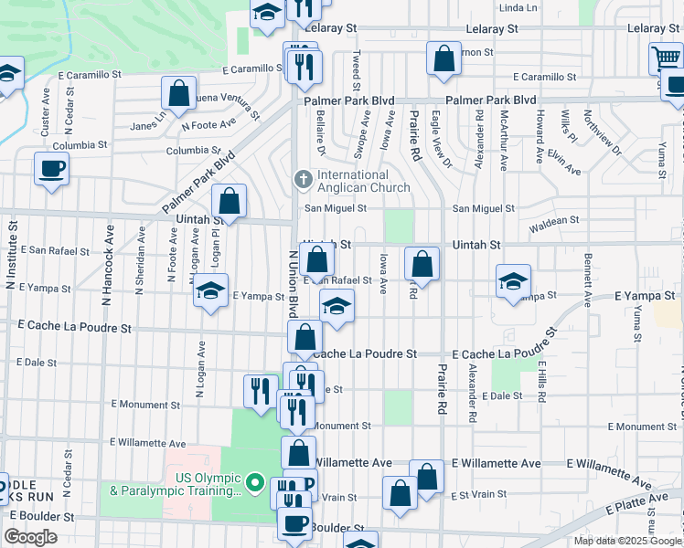 map of restaurants, bars, coffee shops, grocery stores, and more near 1920 East San Rafael Street in Colorado Springs