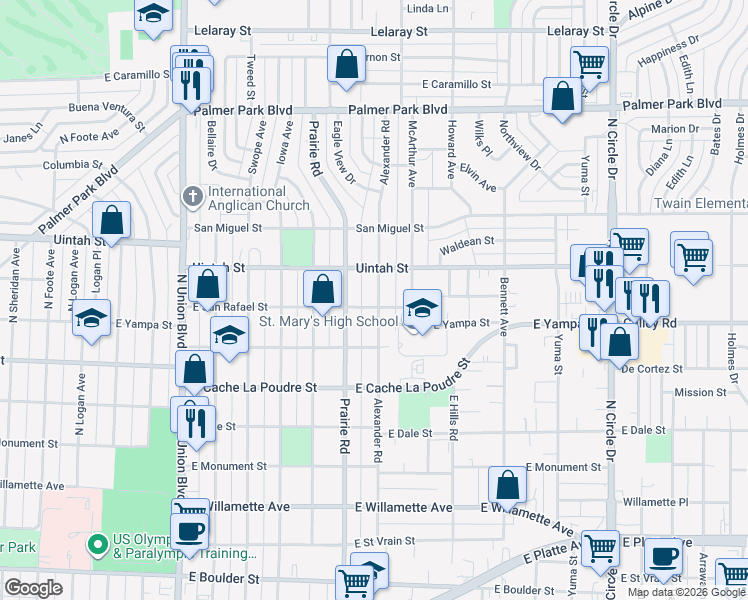 map of restaurants, bars, coffee shops, grocery stores, and more near 1129 Alexander Road in Colorado Springs