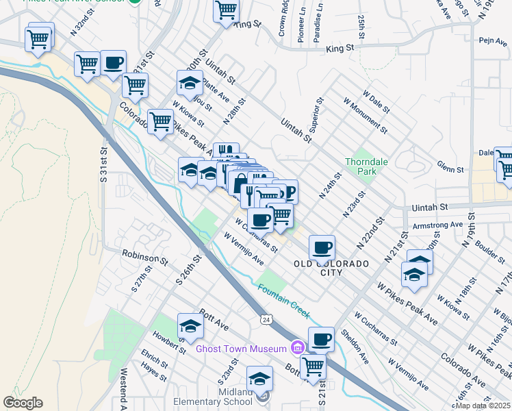 map of restaurants, bars, coffee shops, grocery stores, and more near 2526 West Pikes Peak Avenue in Colorado Springs