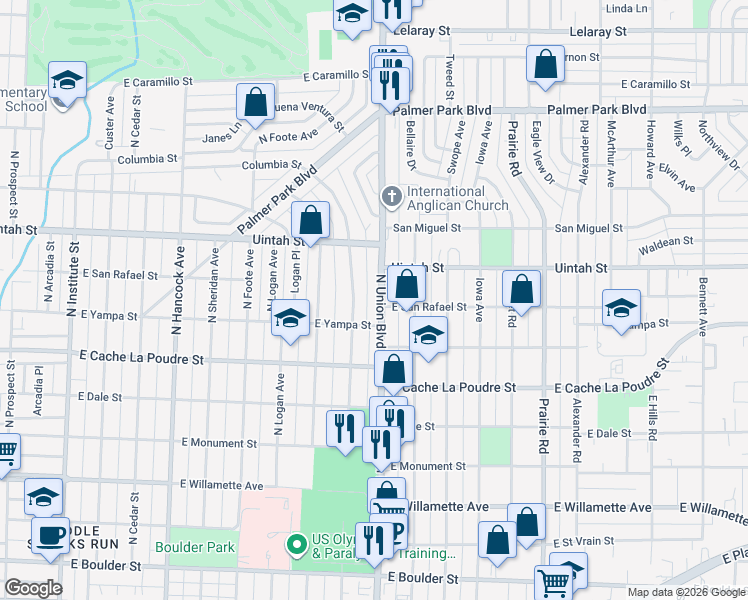 map of restaurants, bars, coffee shops, grocery stores, and more near 1022 North Union Boulevard in Colorado Springs