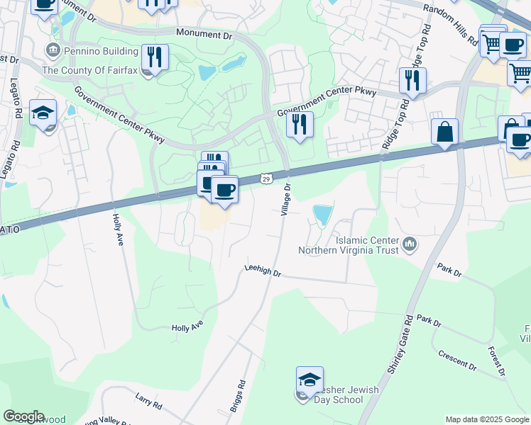 map of restaurants, bars, coffee shops, grocery stores, and more near 11629 Kenwood Terrace in Fairfax