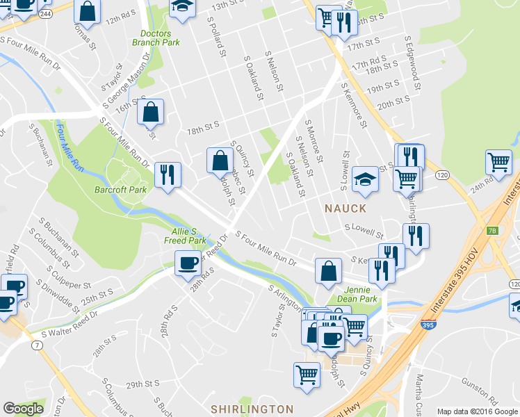 map of restaurants, bars, coffee shops, grocery stores, and more near 2108 South Quincy Street in Arlington