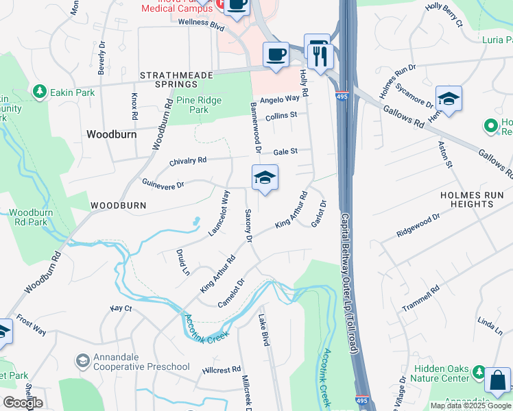 map of restaurants, bars, coffee shops, grocery stores, and more near 8100 Guinevere Drive in Annandale