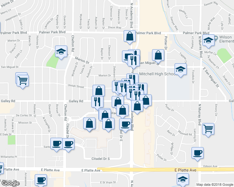 map of restaurants, bars, coffee shops, grocery stores, and more near 1102 Delaware Drive in Colorado Springs