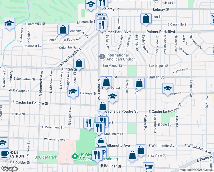 map of restaurants, bars, coffee shops, grocery stores, and more near 1122 Bonfoy Avenue in Colorado Springs