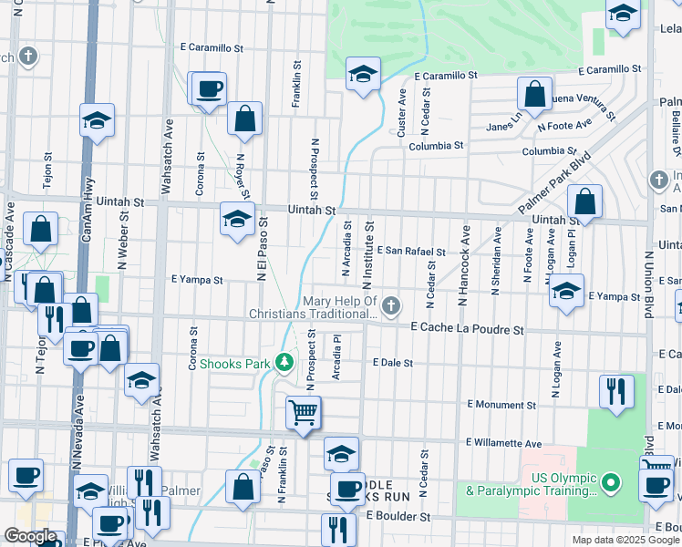 map of restaurants, bars, coffee shops, grocery stores, and more near 1025 North Prospect Street in Colorado Springs