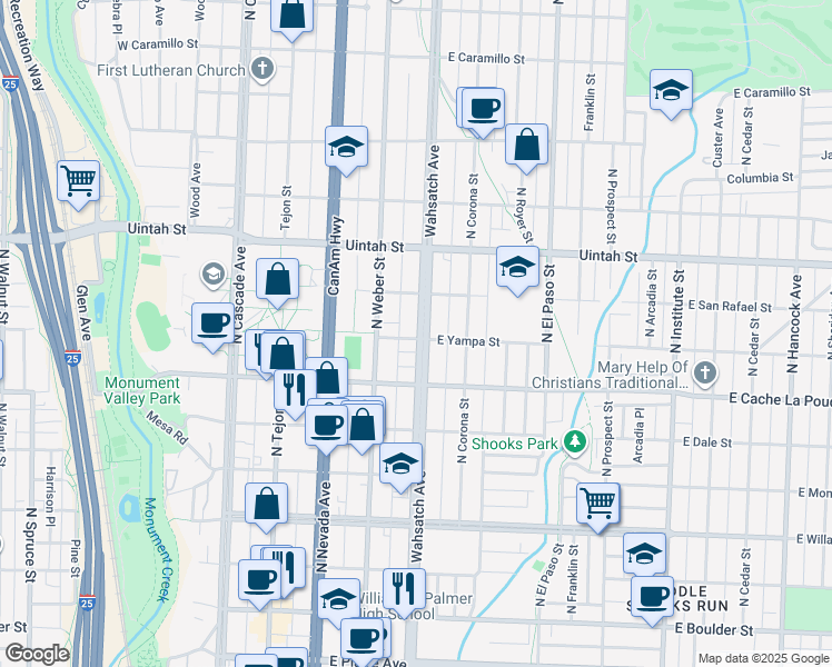 map of restaurants, bars, coffee shops, grocery stores, and more near 1019 North Wahsatch Avenue in Colorado Springs