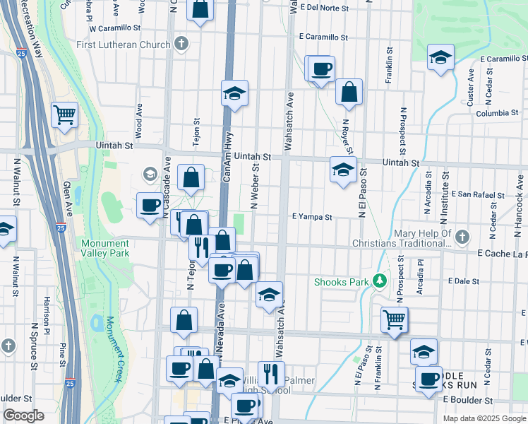 map of restaurants, bars, coffee shops, grocery stores, and more near 1019 North Weber Street in Colorado Springs