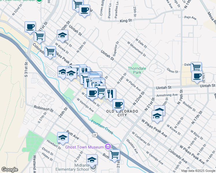 map of restaurants, bars, coffee shops, grocery stores, and more near 2420 West Kiowa Street in Colorado Springs
