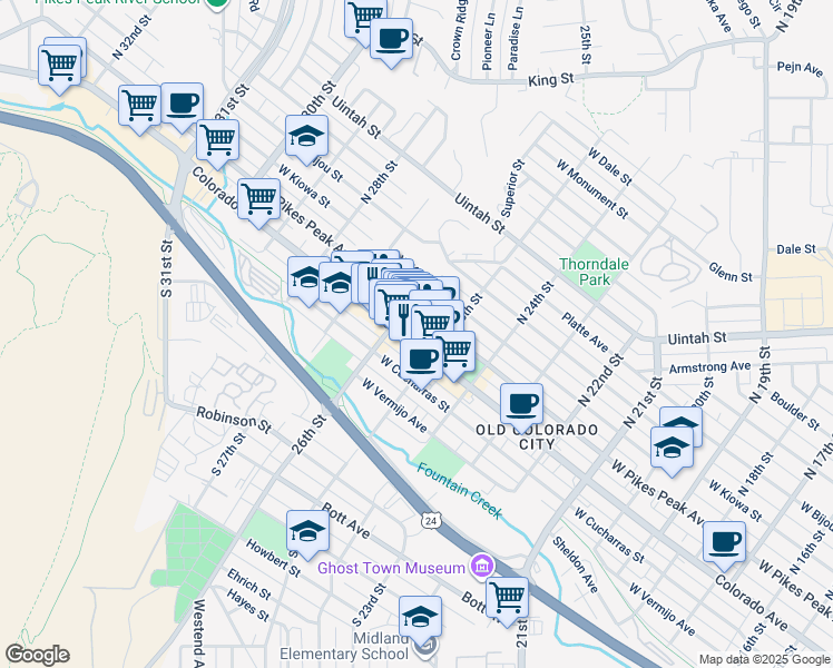 map of restaurants, bars, coffee shops, grocery stores, and more near 2526 West Pikes Peak Avenue in Colorado Springs