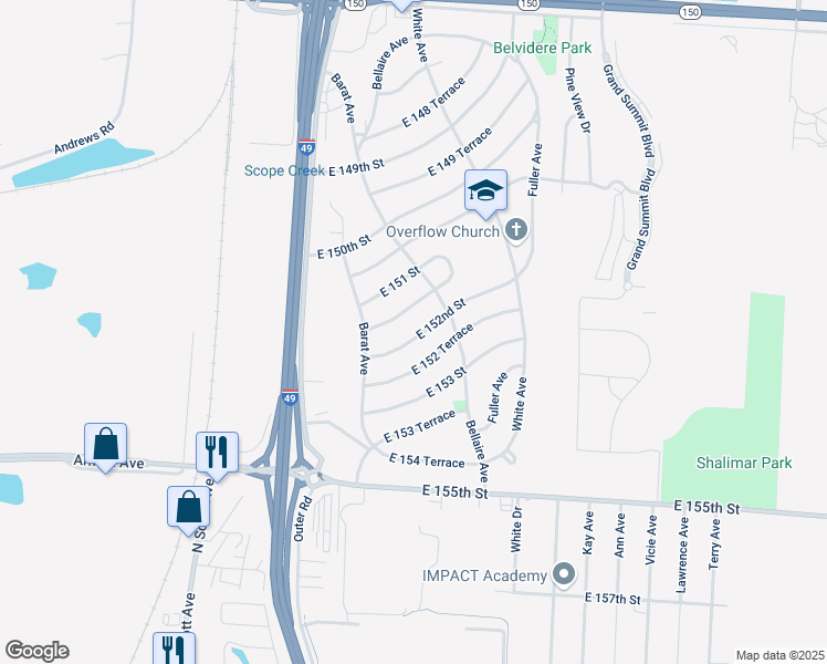 map of restaurants, bars, coffee shops, grocery stores, and more near 6021 East 151 Terrace in Grandview