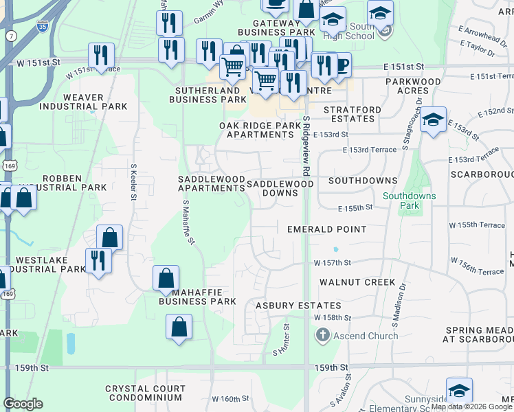map of restaurants, bars, coffee shops, grocery stores, and more near 15433 South Hillside Street in Olathe