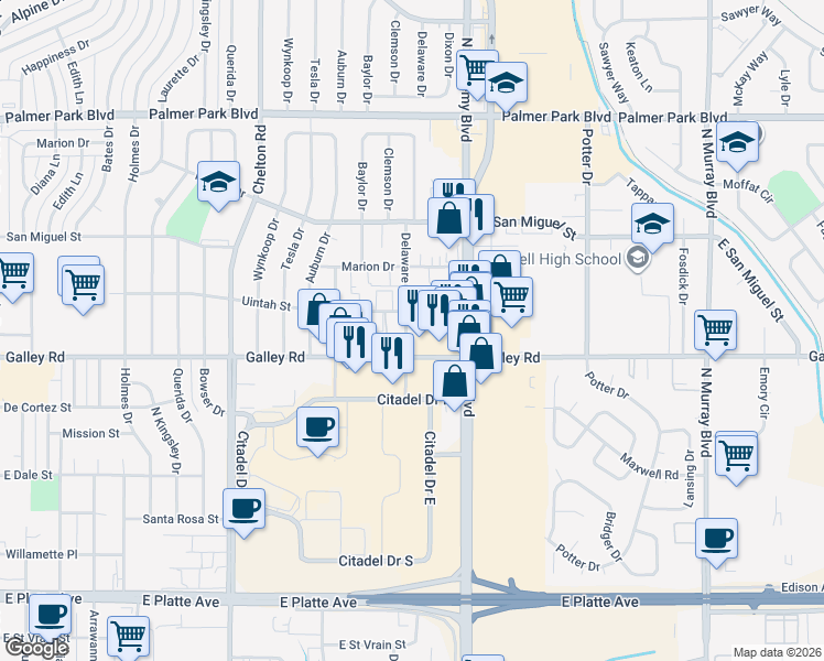 map of restaurants, bars, coffee shops, grocery stores, and more near 1017 Delaware Drive in Colorado Springs