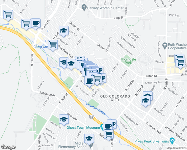 map of restaurants, bars, coffee shops, grocery stores, and more near 2 South 25th Street in Colorado Springs