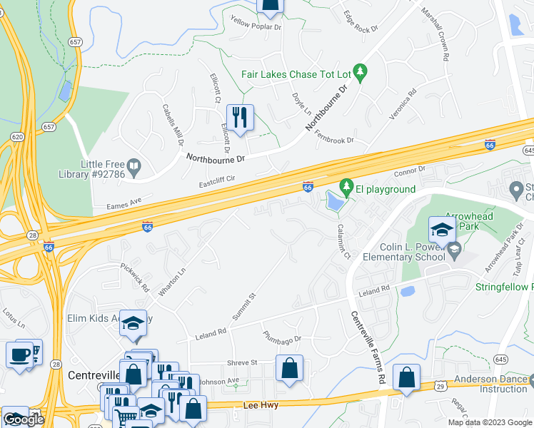 map of restaurants, bars, coffee shops, grocery stores, and more near 13685 Lavender Mist Lane in Centreville