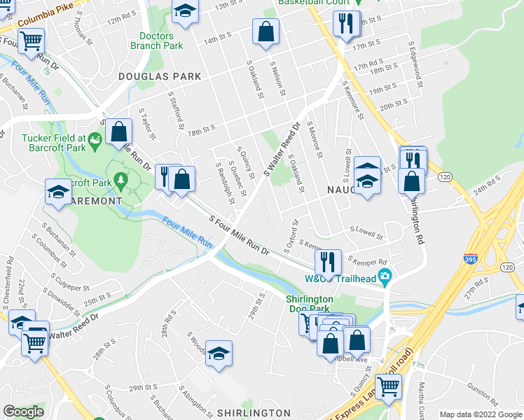map of restaurants, bars, coffee shops, grocery stores, and more near 2230 South Quincy Street in Arlington