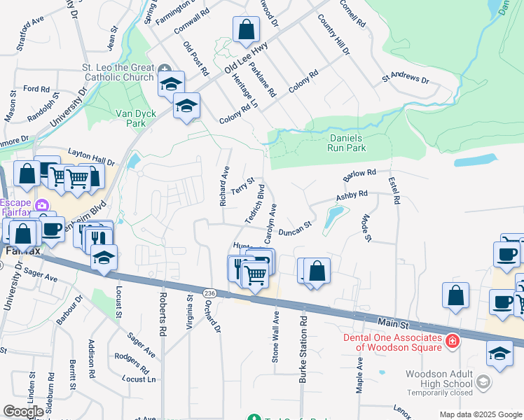 map of restaurants, bars, coffee shops, grocery stores, and more near 3811 Tedrich Boulevard in Fairfax
