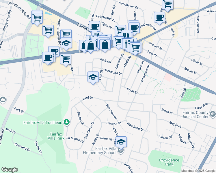 map of restaurants, bars, coffee shops, grocery stores, and more near 4109 Sherwood St in Fairfax