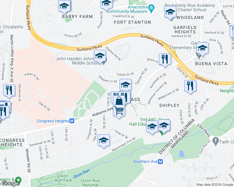 map of restaurants, bars, coffee shops, grocery stores, and more near 1520 Tanner Court Southeast in Washington