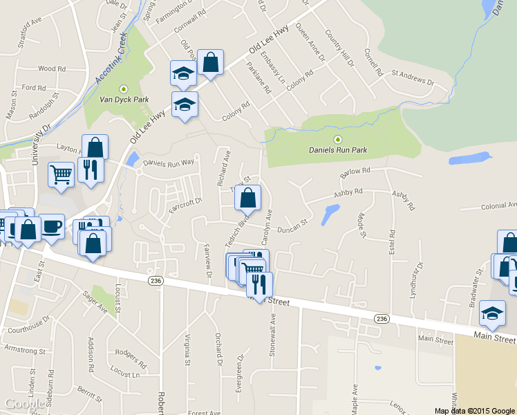 map of restaurants, bars, coffee shops, grocery stores, and more near 3811 Tedrich Boulevard in Fairfax