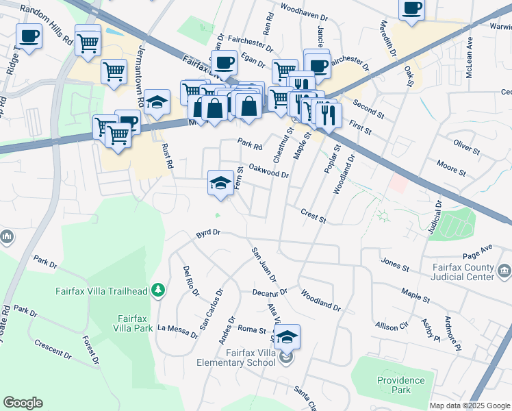 map of restaurants, bars, coffee shops, grocery stores, and more near 4109 Sherwood St in Fairfax